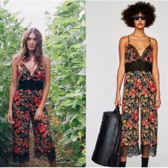 NWT Zara Floral Lace Cropped Flowing Jumpsuit - Picture 8 of 8
